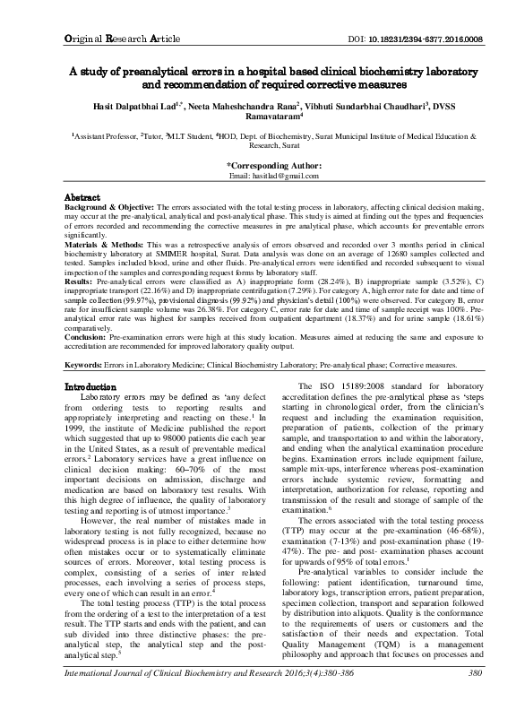 (PDF) A study of preanalytical errors in a hospital based clinical