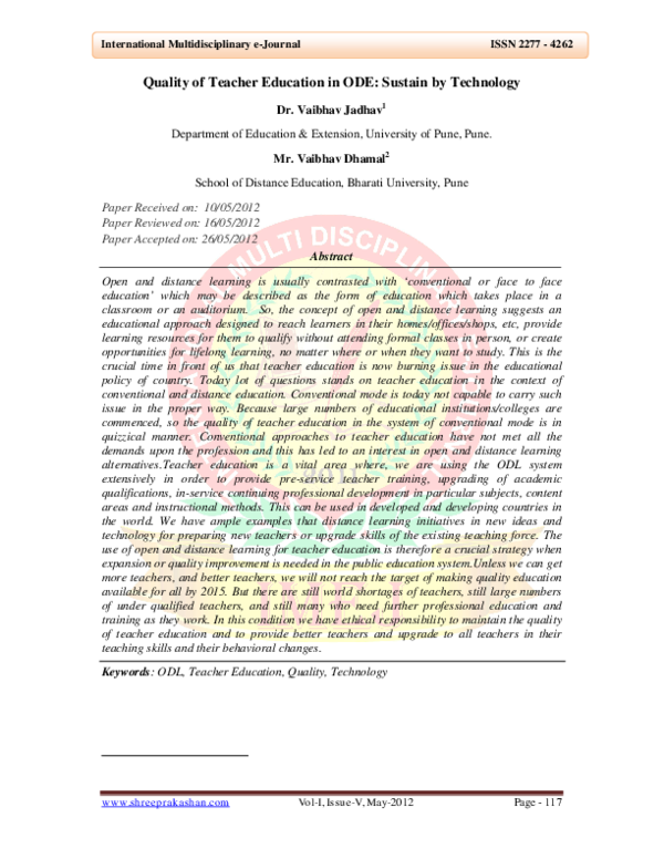 (PDF) Quality of Teacher Education in ODE: Sustain by Technology