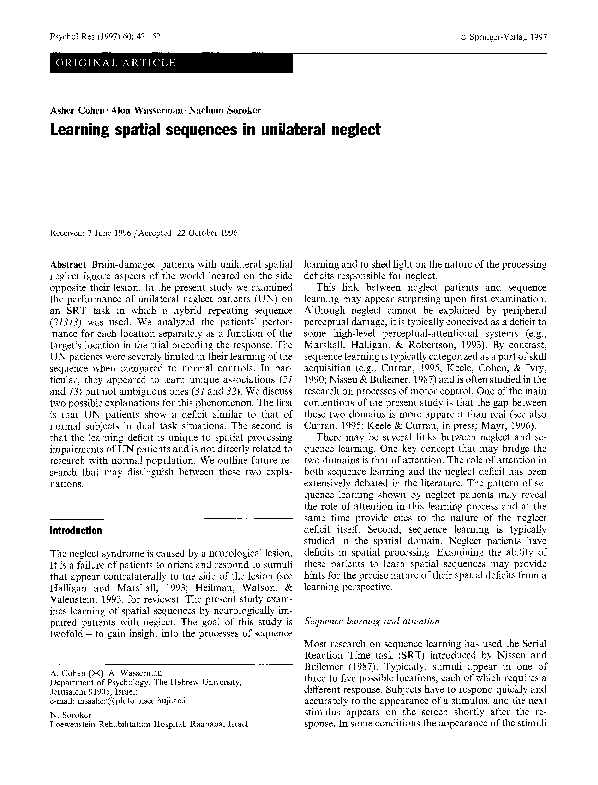 (PDF) Learning Spatial Sequences In Unilateral Neglect