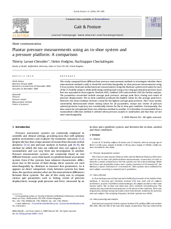 (PDF) Plantar Pressure Measurements Using An In-Shoe System and a ...