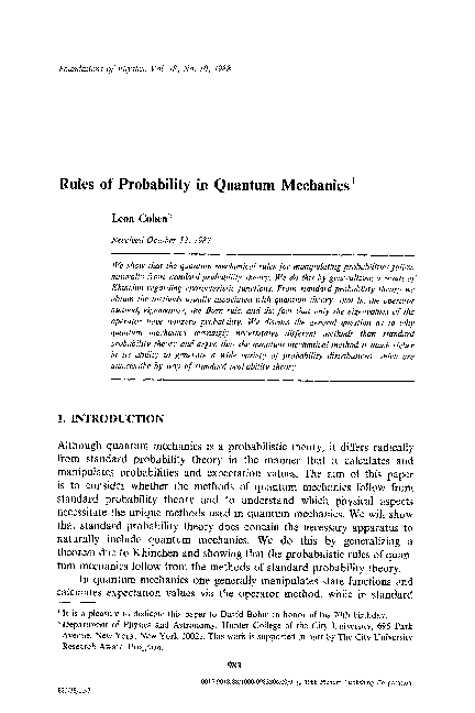 (PDF) Rules of Probability In Quantum Mechanics