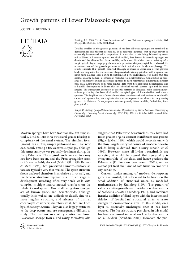 (PDF) Growth Patterns of Lower Palaeozoic Sponges Joseph Botting