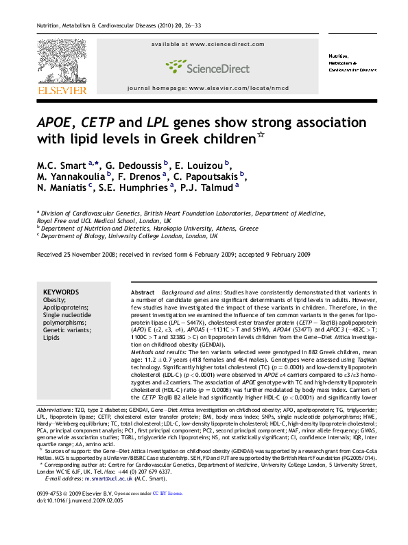 Pdf Apoe Cetp And Lpl Genes Show Strong Association With Lipid Levels In Greek Children Melissa Smart And Constantina Papoutsakis Academia Edu