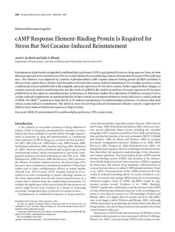(PDF) CAMP Response Element-Binding Protein is Required for Stress but ...