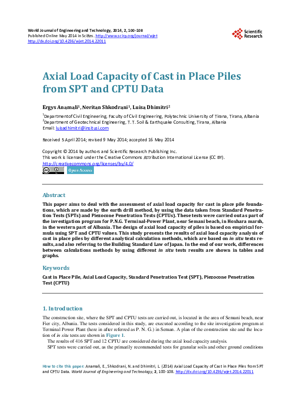 (PDF) Axial load capacity of cast in place piles from SPT and CPT data