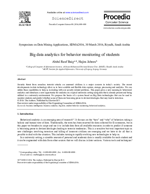 (PDF) Big data analytics for behavior monitoring of students