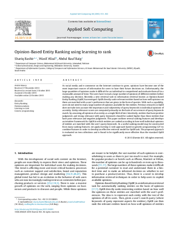 (PDF) Opinion-Based Entity Ranking using learning to rank