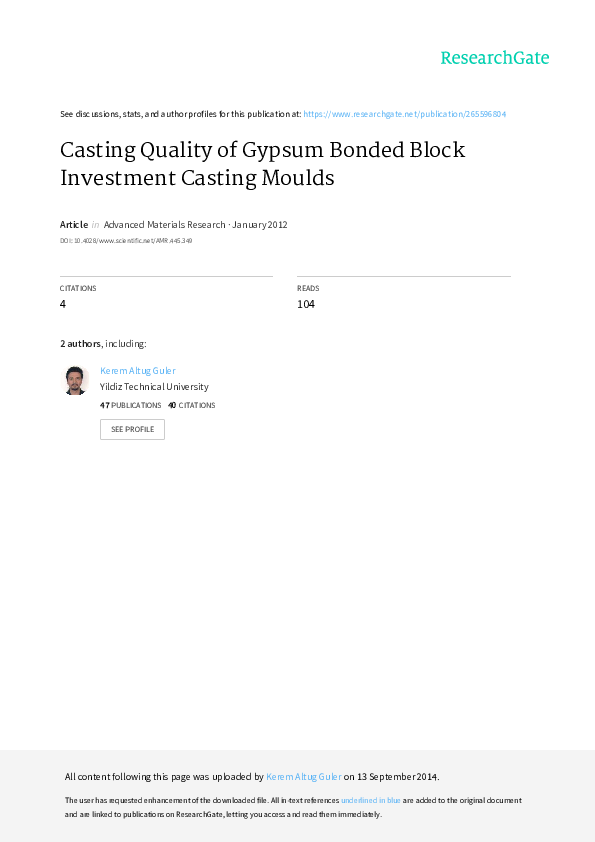(PDF) Casting Quality of Gypsum Bonded Block Investment Casting Moulds