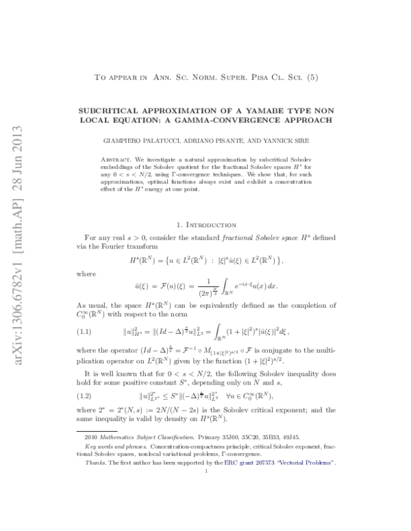 (PDF) Subcritical approximation of a Yamabe type non local equation: a ...