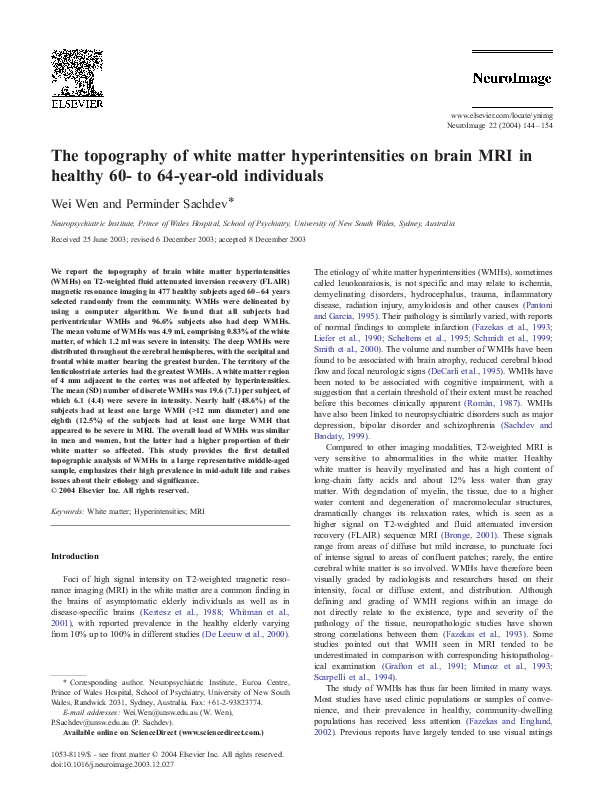 (PDF) The Topography of White Matter Hyperintensities on Brain MRI In ...