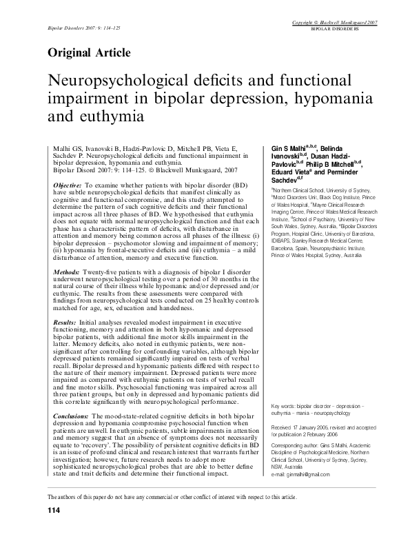 (PDF) Neuropsychological Deficits and Functional Impairment In Bipolar ...