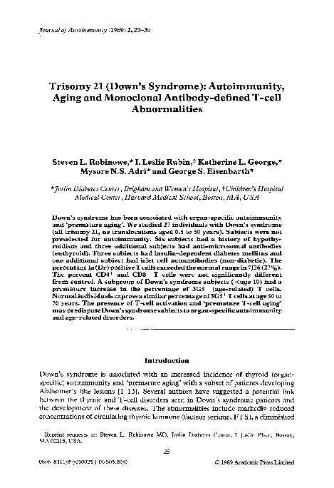 (PDF) Trisomy 21 (Down's Syndrome): Autoimmunity, Aging and Monoclonal ...