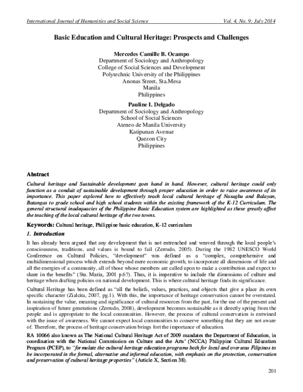 (PDF) Basic Education and Cultural Heritage: Prospects and Challenges