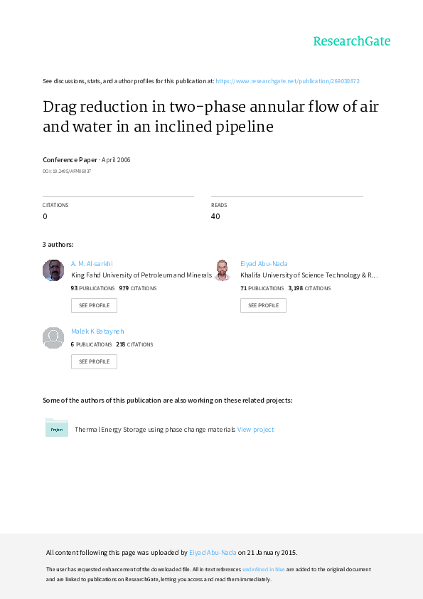 (PDF) Drag reduction in twophase annular flow of air and water in an