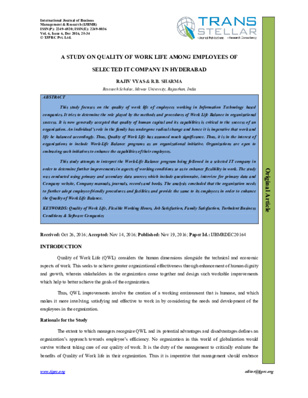 (PDF) A STUDY ON QUALITY OF WORK LIFE AMONG EMPLOYEES OF SELECTED IT ...
