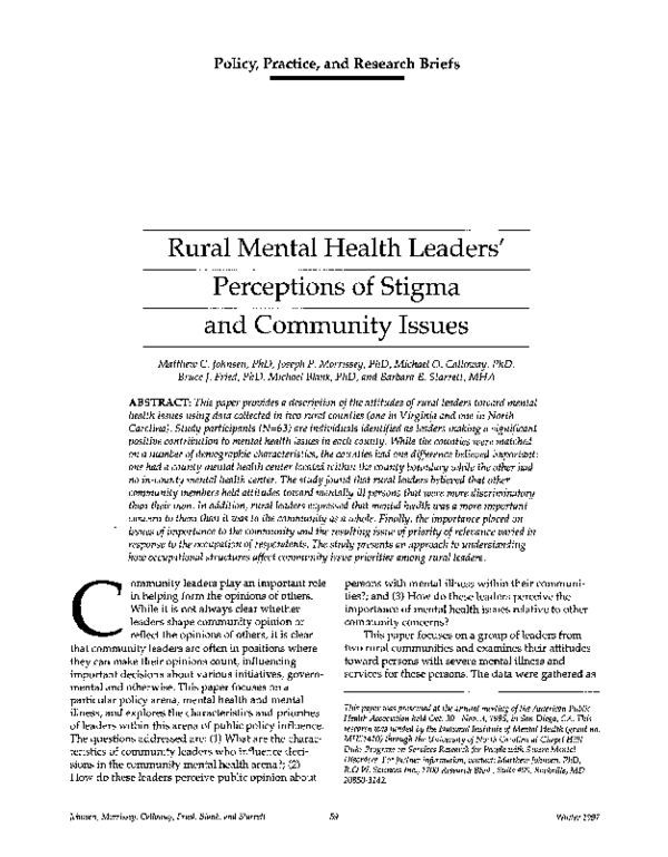 (PDF) Rural Mental Health Leaders' Perceptions of Stigma and Community ...