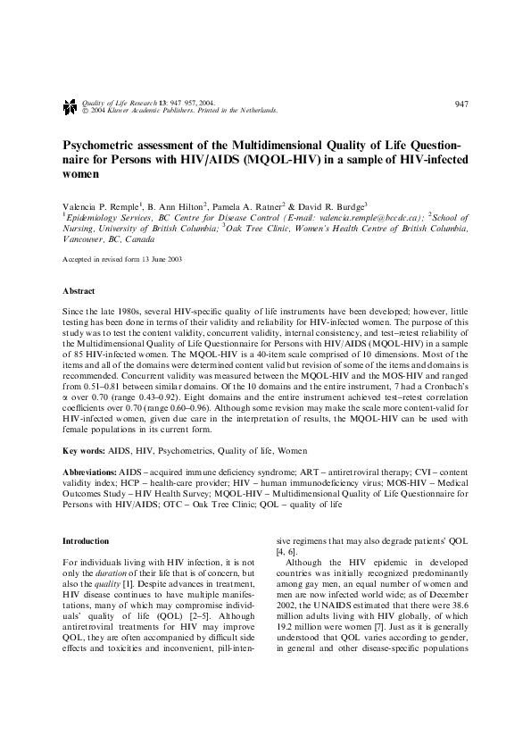 (PDF) Psychometric Assessment of the Multidimensional Quality of Life Questionnaire for Persons