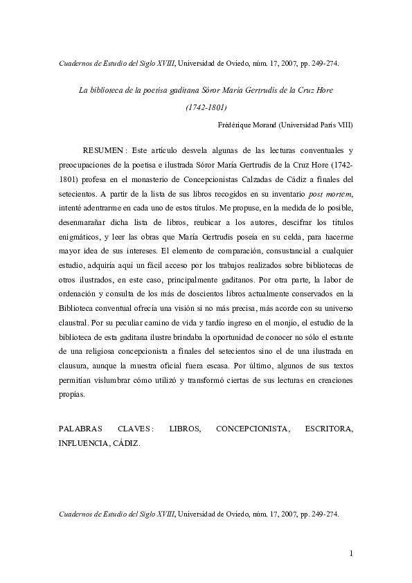 (PDF) La biblioteca de la poetisa gaditana Sóror María Gertrudis de la