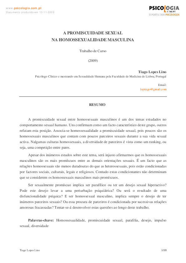 (PDF) A PROMISCUIDADE SEXUAL NA HOMOSSEXUALIDADE MASCULINA