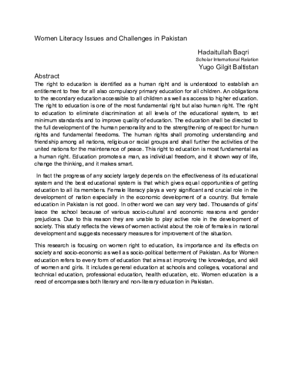 (DOC) Women Literacy Issues and Challenges in Pakistan :A women right ...