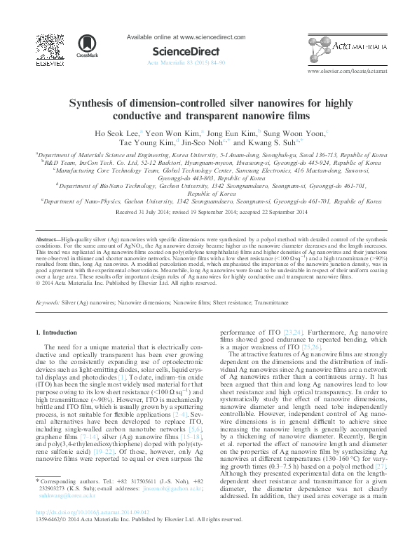 (PDF) Synthesis of dimension-controlled silver nanowires for highly ...