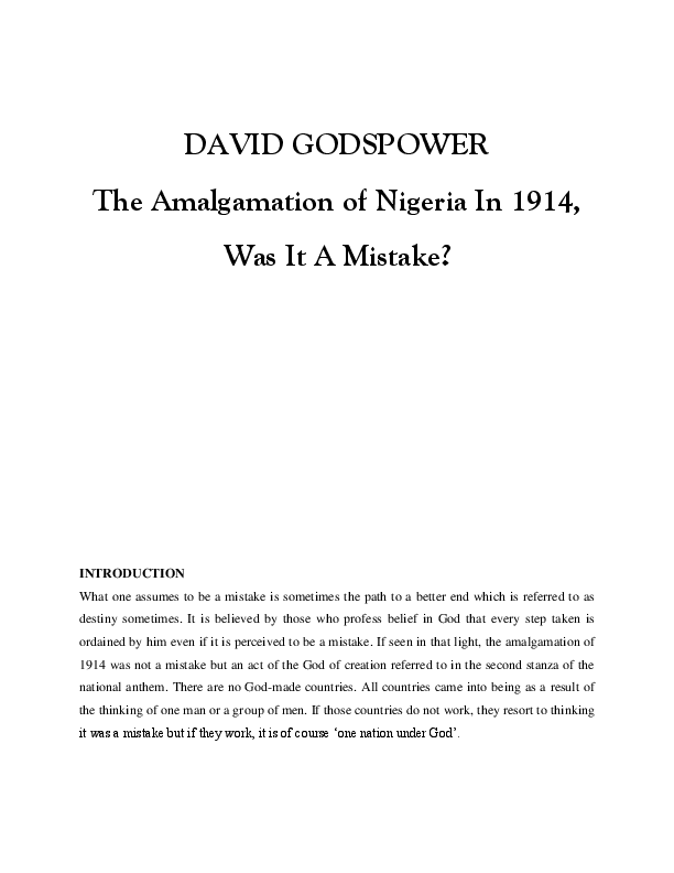 (PDF) Nigeria's Amalgamation of 1914, Was It A Mistake or Not? David