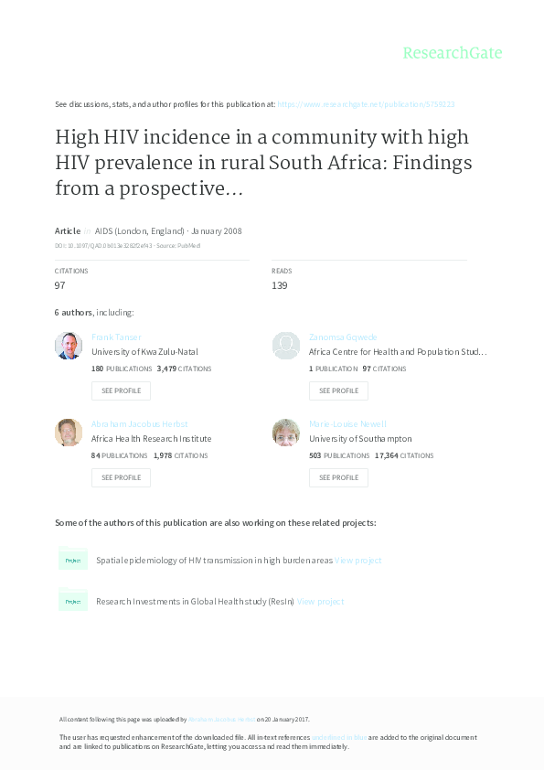 (PDF) High HIV incidence in a community with high HIV prevalence in ...