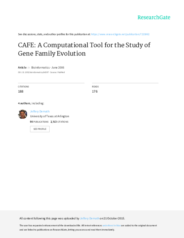(PDF) CAFE: a Computational Tool for the Study of Gene Family Evolution