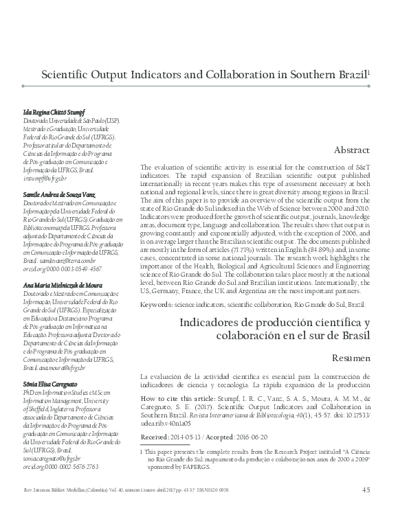 (PDF) Scientific Output Indicators and Collaboration in Southern Brazil