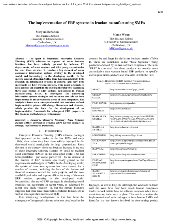  pdf the implementation of erp systems in iranian manufacturing smes