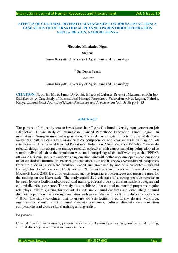 (PDF) EFFECTS OF CULTURAL DIVERSITY MANAGEMENT ON JOB SATISFACTION; A ...