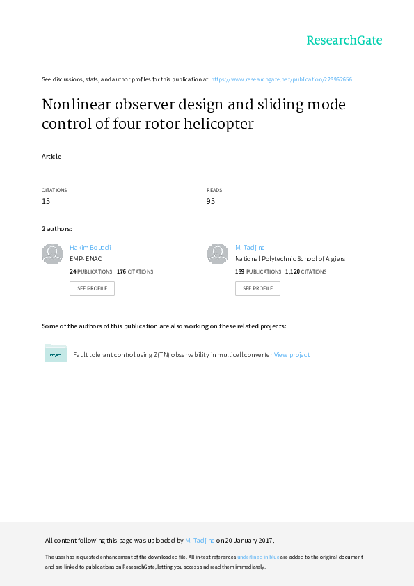 (PDF) Nonlinear observer design and sliding mode control of four rotors ...