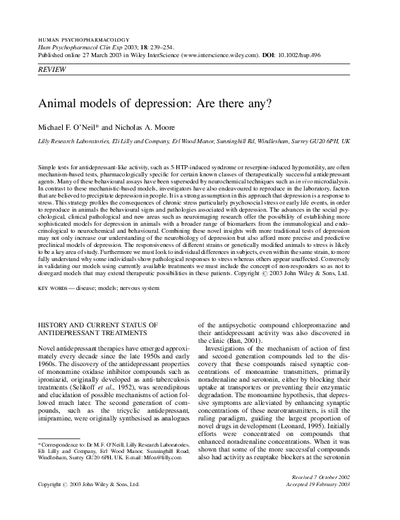 (PDF) Animal models of depression are there any? Nicholas Moore