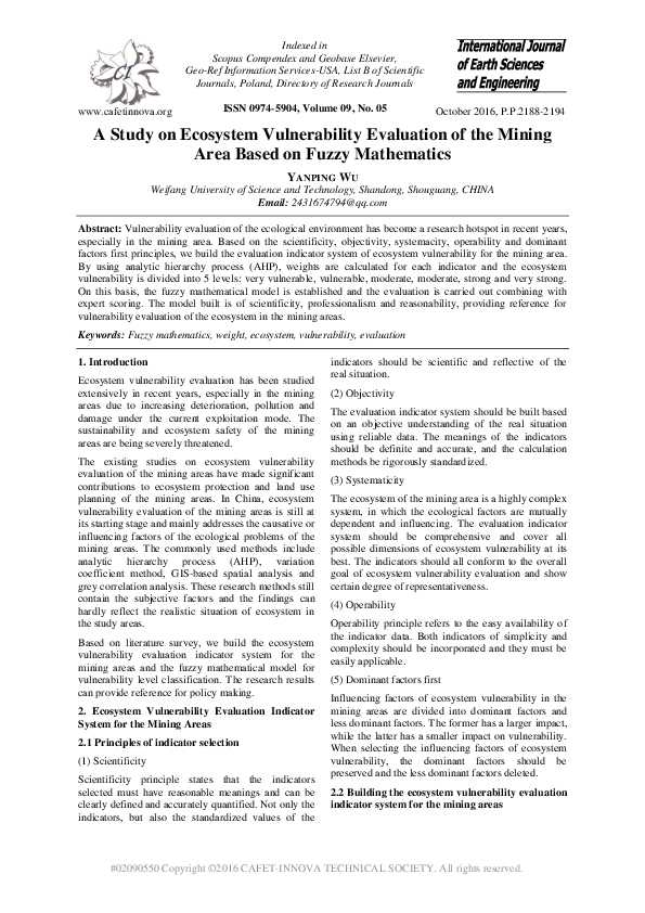 (PDF) A Study on Ecosystem Vulnerability Evaluation of the Mining Area ...