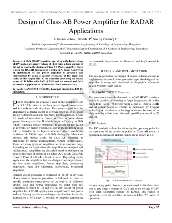 (PDF) Design of Class AB Power Amplifier for RADAR Applications RSIS