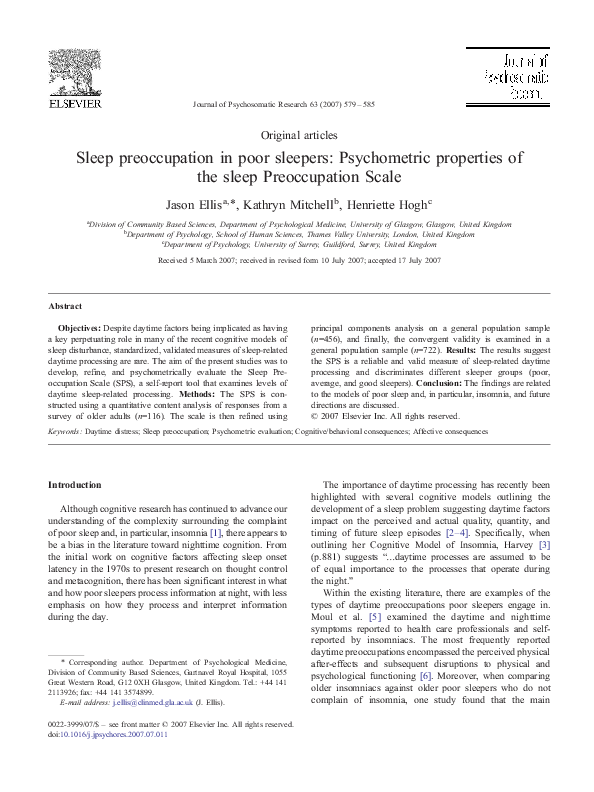 (PDF) Sleep Preoccupation In Poor Sleepers: Psychometric Properties of ...
