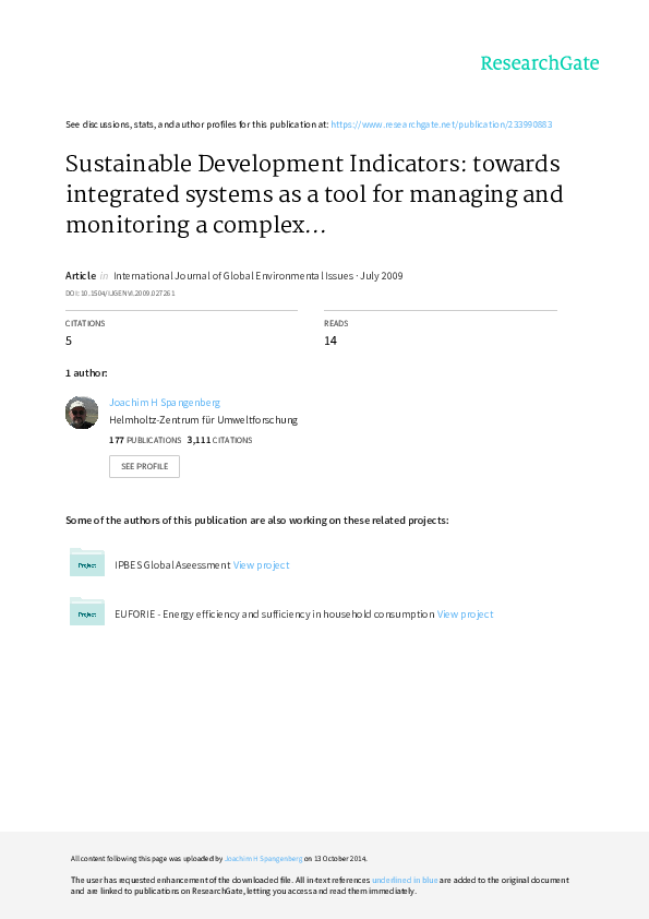 (PDF) Sustainable Development Indicators Towards Integrated Systems As