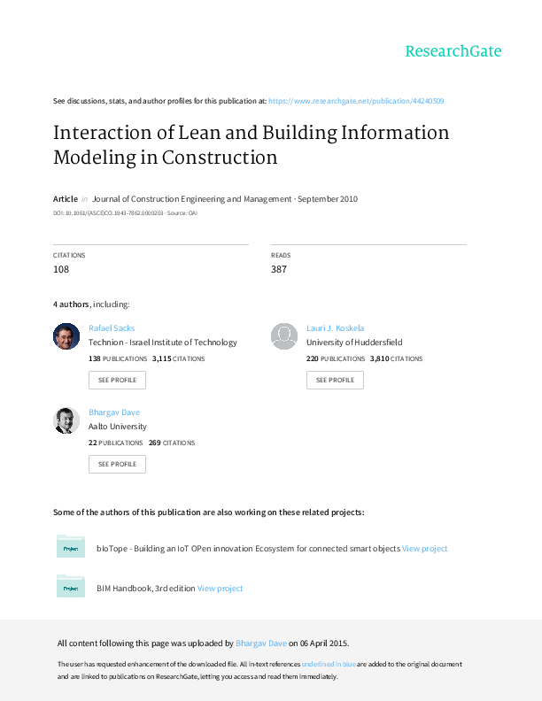 Pdf The Interaction Of Lean And Building Information Modeling In