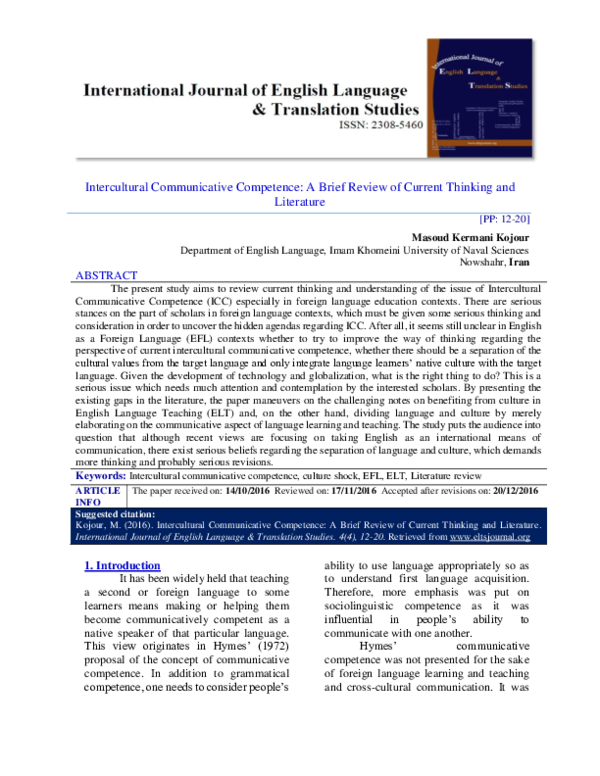 Pdf Intercultural Communicative Competence A Brief Review Of Current Thinking And Literature Pdf Intercultural Communicative Competence A Brief Review Of Current Thinking And Literature