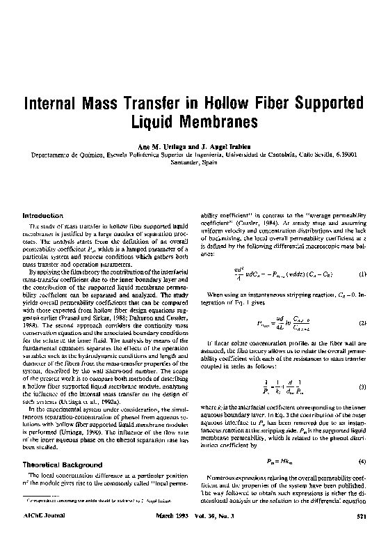 (PDF) Internal Mass Transfer In Hollow Fiber Supported Liquid Membranes