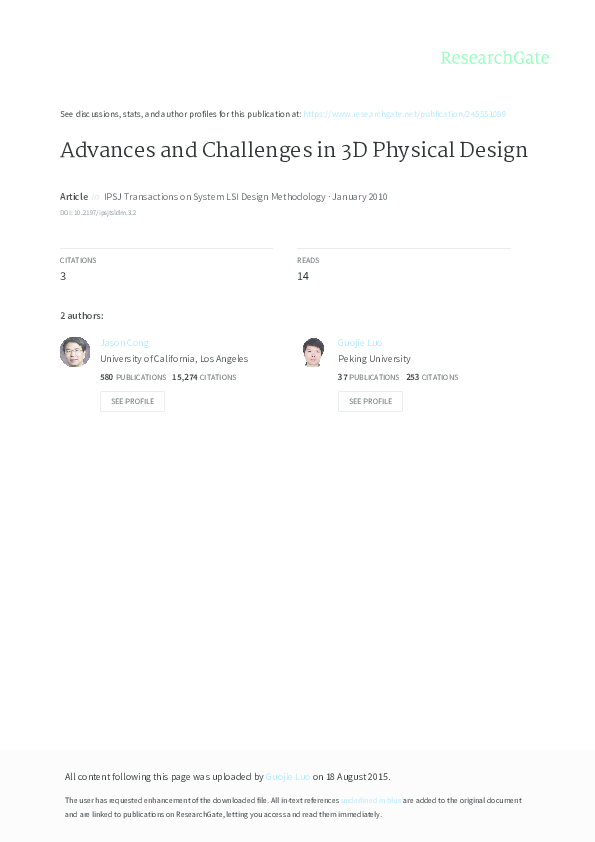 (PDF) Advances and Challenges In 3D Physical Design