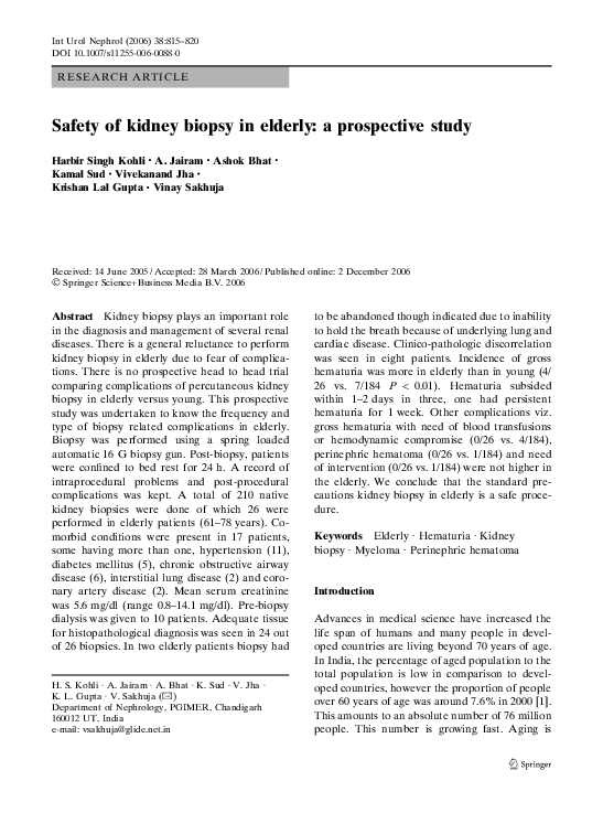 (PDF) Safety of Kidney Biopsy In Elderly a Prospective Study