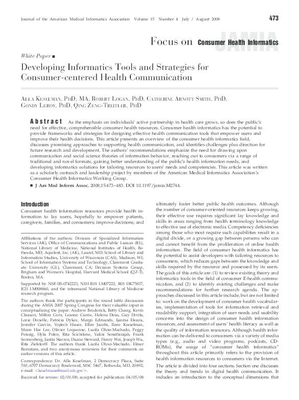 (PDF) Developing Informatics Tools and Strategies for Consumer-Centered ...