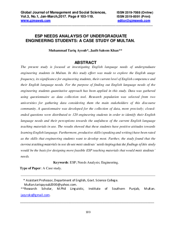 (PDF) ESP NEEDS ANALAYSIS OF UNDERGRADUATE ENGINEERING STUDENTS: A CASE ...