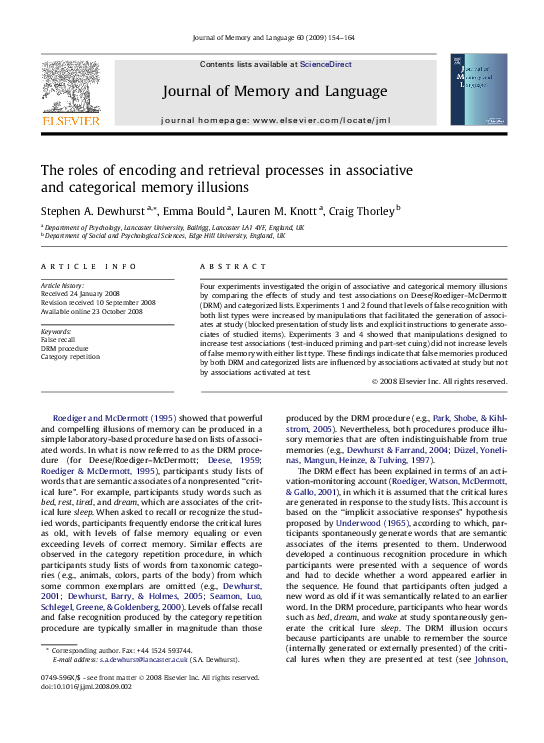 (PDF) The roles of encoding and retrieval processes in associative and ...