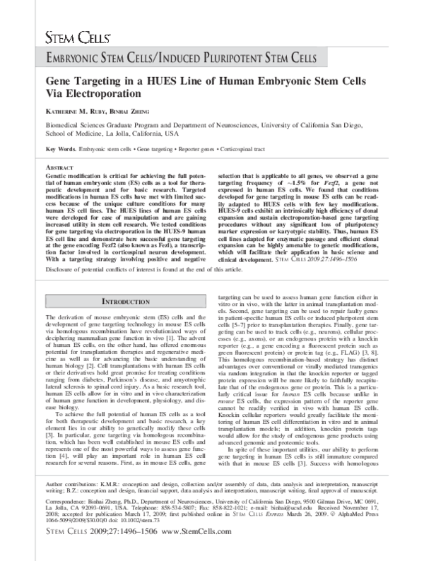 (PDF) Gene Targeting In a HUES Line of Human Embryonic Stem Cells Via ...
