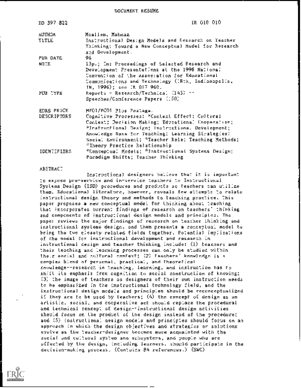 (PDF) Instructional Design Models and Research on Teacher Thinking ...