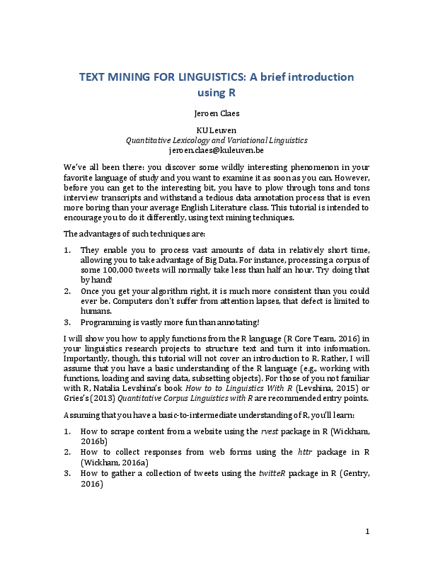 (PDF) TEXT MINING FOR LINGUISTICS: A brief introduction using R