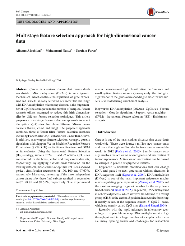 (PDF) Multistage feature selection approach for high-dimensional cancer ...