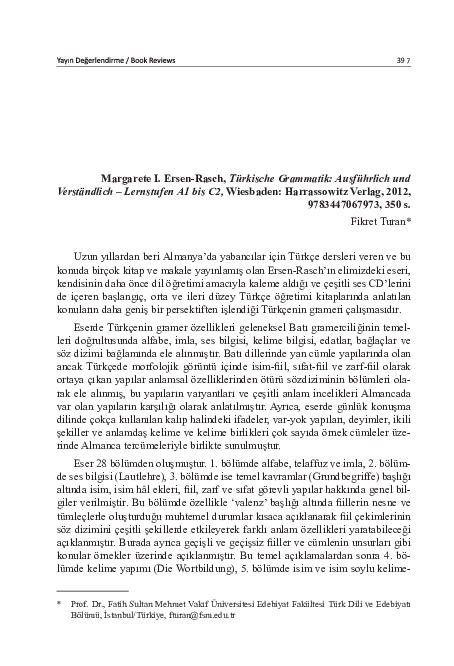 (PDF) Review/Tanıtma: Margarete I. Ersen-Rasch, Türkische Grammatik